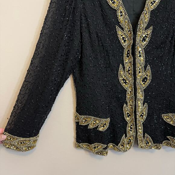 Vintage 80s Bernadette Designs Inc Blazer L Black Silk Beaded Sequin Evening - Picture 5 of 7